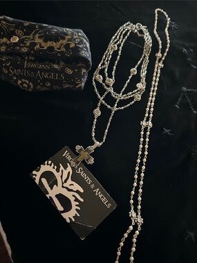 Virgins Saints & Angels Polished Silver Multi-Strand Cross Necklace